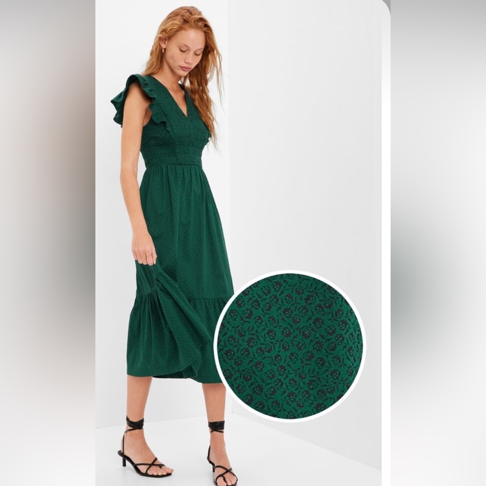 Gap Green Floral Smocked Flutter Sleeve Dress